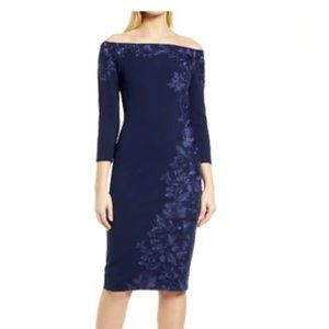 TADASHI SHOJI EMBROIDERED OFF THE SHOULDER 3/4 SLEEVE ROYAL NAVY SHEATH DRESS M